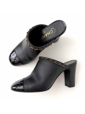 CHANEL | Cap Toe Chain Trim Mule Heels CC Logo Black Calfskin EU 37